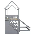 Lit superposé cabane double sur double avec toboggan et escalier pour enfants et adolescents, cadre de lit superposé en bois avec garde-corps et rangement