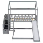 Lit superposé cabane double sur double avec toboggan et escalier pour enfants et adolescents, cadre de lit superposé en bois avec garde-corps et rangement