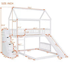 Lit superposé cabane double sur double avec toboggan et escalier pour enfants et adolescents, cadre de lit superposé en bois avec garde-corps et rangement