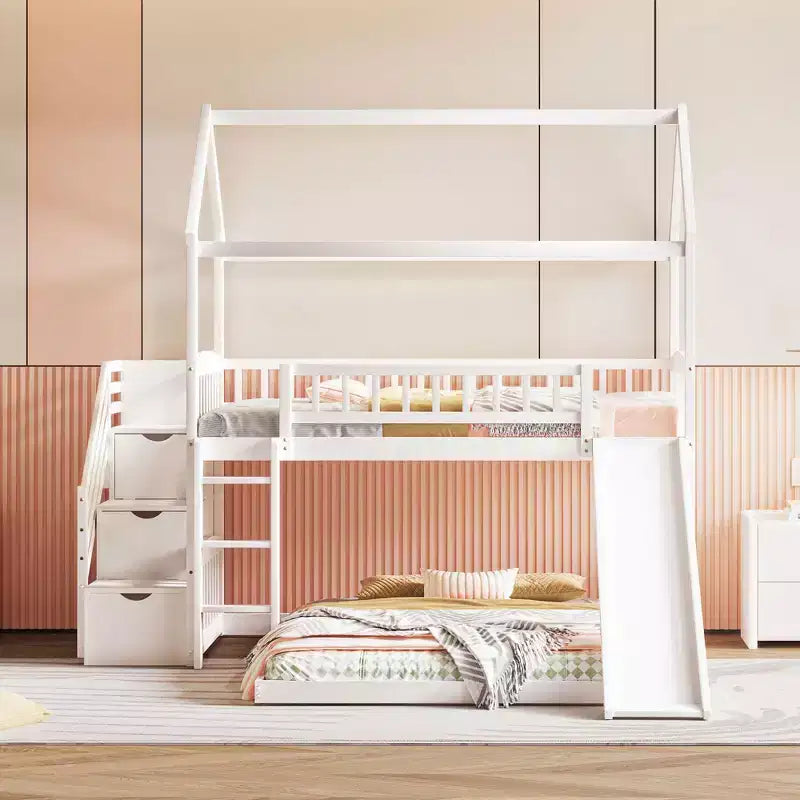 Twin over Full House Bunk Bed with Slide and Stairs for Kids Teens, Wood Bunk Bed Frame with Guard Rail & Storage