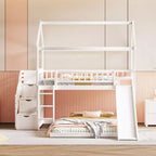 Lit superposé cabane double sur double avec toboggan et escalier pour enfants et adolescents, cadre de lit superposé en bois avec garde-corps et rangement