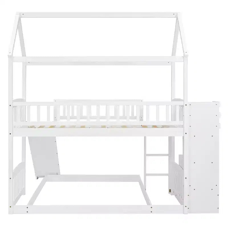 Twin over Full House Bunk Bed with Slide and Stairs for Kids Teens, Wood Bunk Bed Frame with Guard Rail & Storage