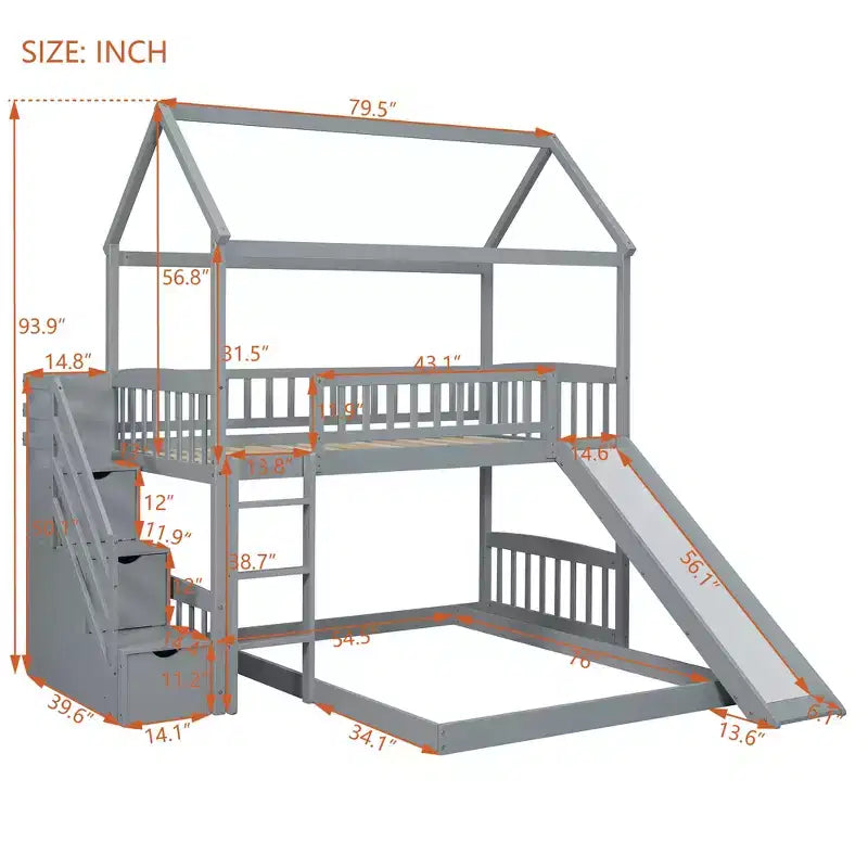 Twin over Full House Bunk Bed with Slide and Stairs for Kids Teens, Wood Bunk Bed Frame with Guard Rail & Storage