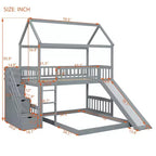 Lit superposé cabane double sur double avec toboggan et escalier pour enfants et adolescents, cadre de lit superposé en bois avec garde-corps et rangement