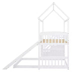 Lit superposé cabane double sur double avec toboggan et escalier pour enfants et adolescents, cadre de lit superposé en bois avec garde-corps et rangement