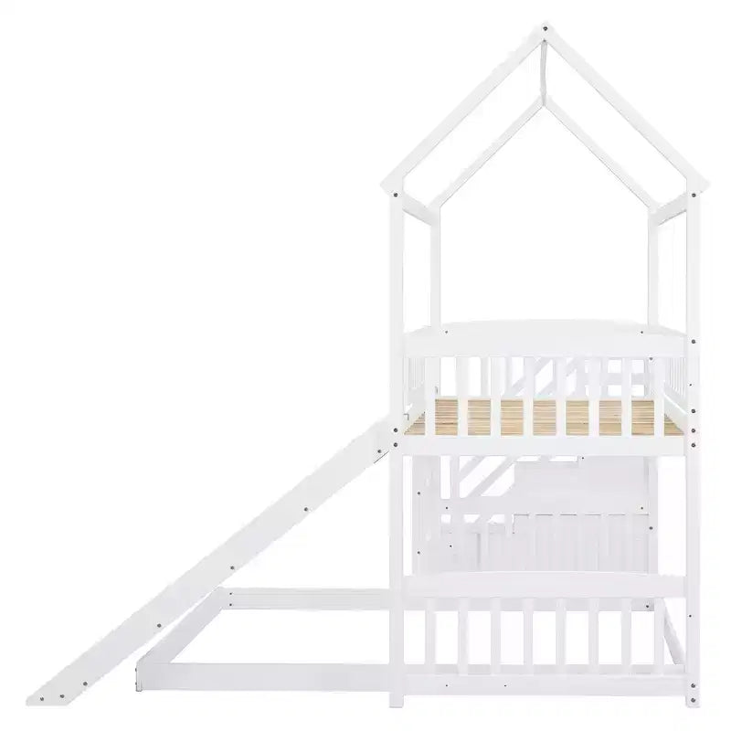 Twin over Full House Bunk Bed with Slide and Stairs for Kids Teens, Wood Bunk Bed Frame with Guard Rail & Storage