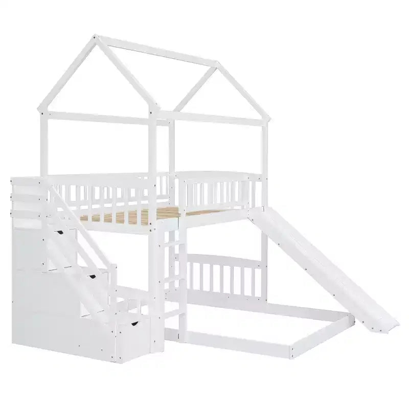 Twin over Full House Bunk Bed with Slide and Stairs for Kids Teens, Wood Bunk Bed Frame with Guard Rail & Storage