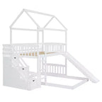 Lit superposé cabane double sur double avec toboggan et escalier pour enfants et adolescents, cadre de lit superposé en bois avec garde-corps et rangement