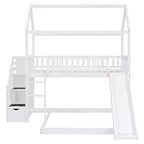 Lit superposé cabane double sur double avec toboggan et escalier pour enfants et adolescents, cadre de lit superposé en bois avec garde-corps et rangement