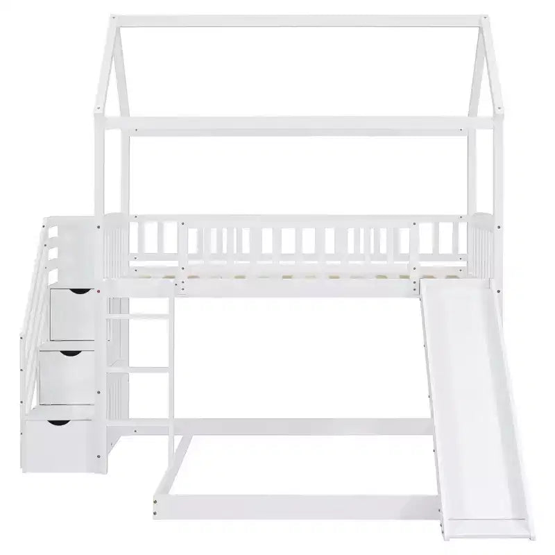 Twin over Full House Bunk Bed with Slide and Stairs for Kids Teens, Wood Bunk Bed Frame with Guard Rail & Storage