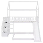 Lit superposé cabane double sur double avec toboggan et escalier pour enfants et adolescents, cadre de lit superposé en bois avec garde-corps et rangement
