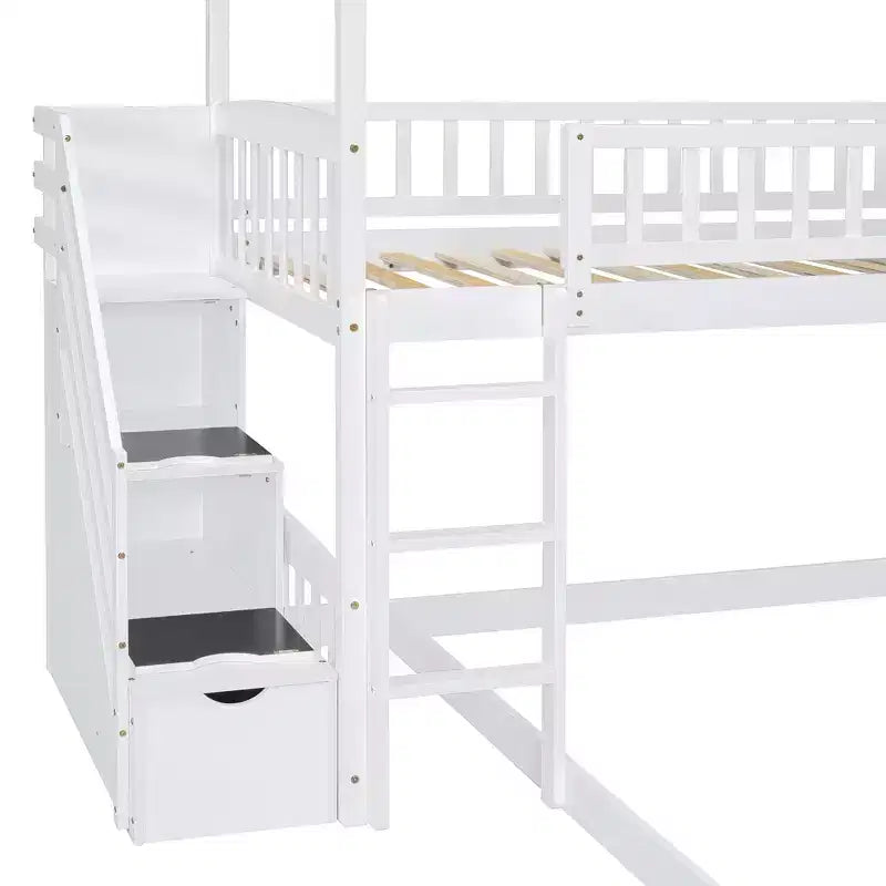Twin over Full House Bunk Bed with Slide and Stairs for Kids Teens, Wood Bunk Bed Frame with Guard Rail & Storage