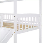 Lit superposé cabane double sur double avec toboggan et escalier pour enfants et adolescents, cadre de lit superposé en bois avec garde-corps et rangement