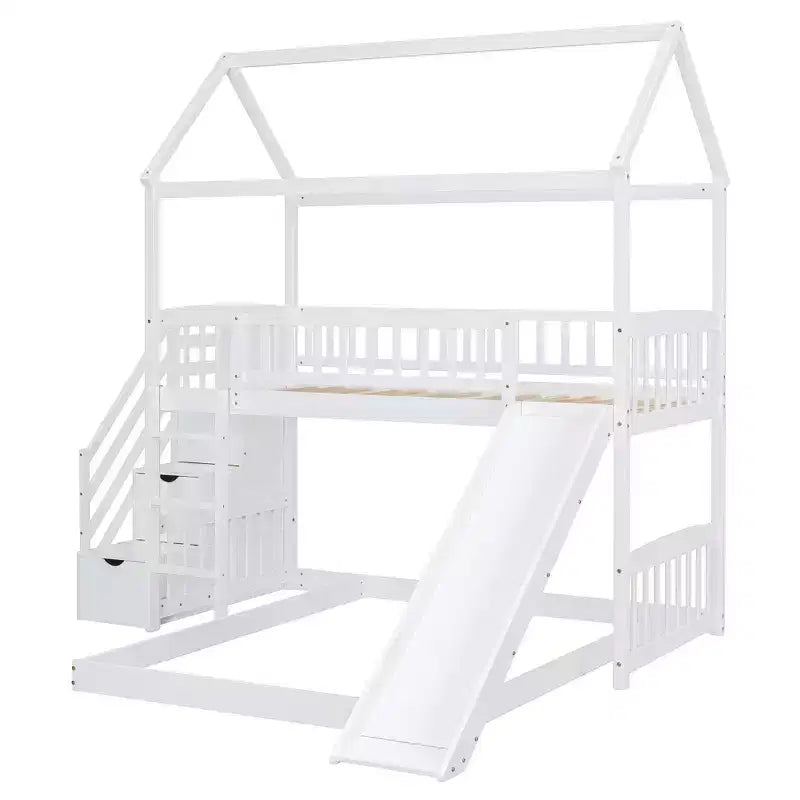 Twin over Full House Bunk Bed with Slide and Stairs for Kids Teens, Wood Bunk Bed Frame with Guard Rail & Storage