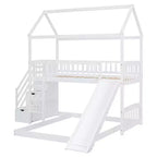 Lit superposé cabane double sur double avec toboggan et escalier pour enfants et adolescents, cadre de lit superposé en bois avec garde-corps et rangement
