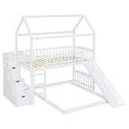 Lit superposé cabane double sur double avec toboggan et escalier pour enfants et adolescents, cadre de lit superposé en bois avec garde-corps et rangement