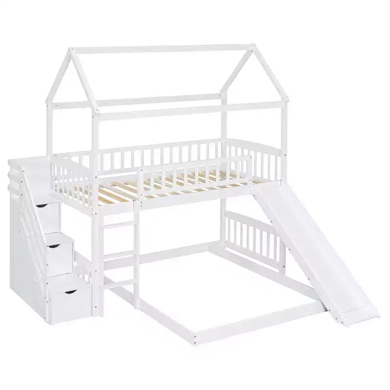 Twin over Full House Bunk Bed with Slide and Stairs for Kids Teens, Wood Bunk Bed Frame with Guard Rail & Storage