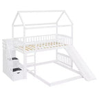 Lit superposé cabane double sur double avec toboggan et escalier pour enfants et adolescents, cadre de lit superposé en bois avec garde-corps et rangement