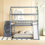 Lit superposé cabane double sur double avec toboggan et escalier pour enfants et adolescents, cadre de lit superposé en bois avec garde-corps et rangement