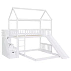 Lit superposé cabane double sur double avec toboggan et escalier pour enfants et adolescents, cadre de lit superposé en bois avec garde-corps et rangement