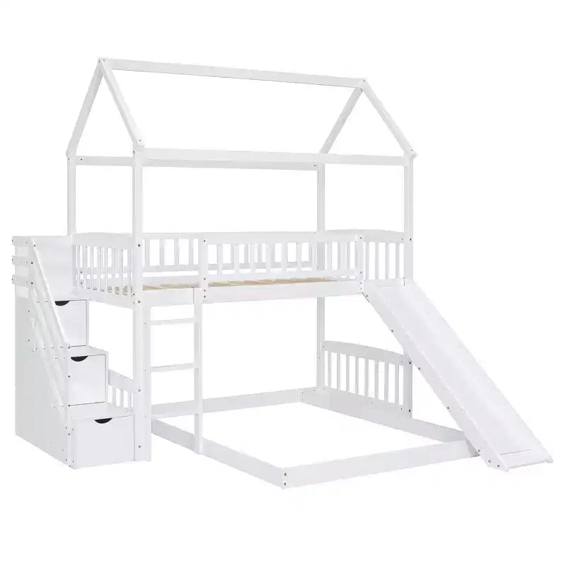 Twin over Full House Bunk Bed with Slide and Stairs for Kids Teens, Wood Bunk Bed Frame with Guard Rail & Storage