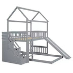 Lit superposé cabane double sur double avec toboggan et escalier pour enfants et adolescents, cadre de lit superposé en bois avec garde-corps et rangement