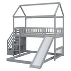 Lit superposé cabane double sur double avec toboggan et escalier pour enfants et adolescents, cadre de lit superposé en bois avec garde-corps et rangement