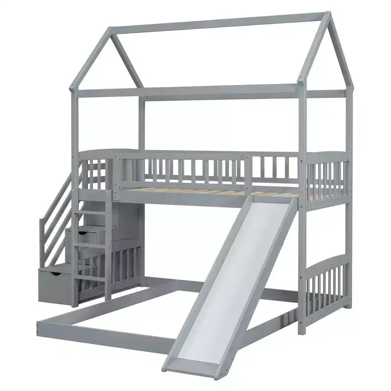 Twin over Full House Bunk Bed with Slide and Stairs for Kids Teens, Wood Bunk Bed Frame with Guard Rail & Storage