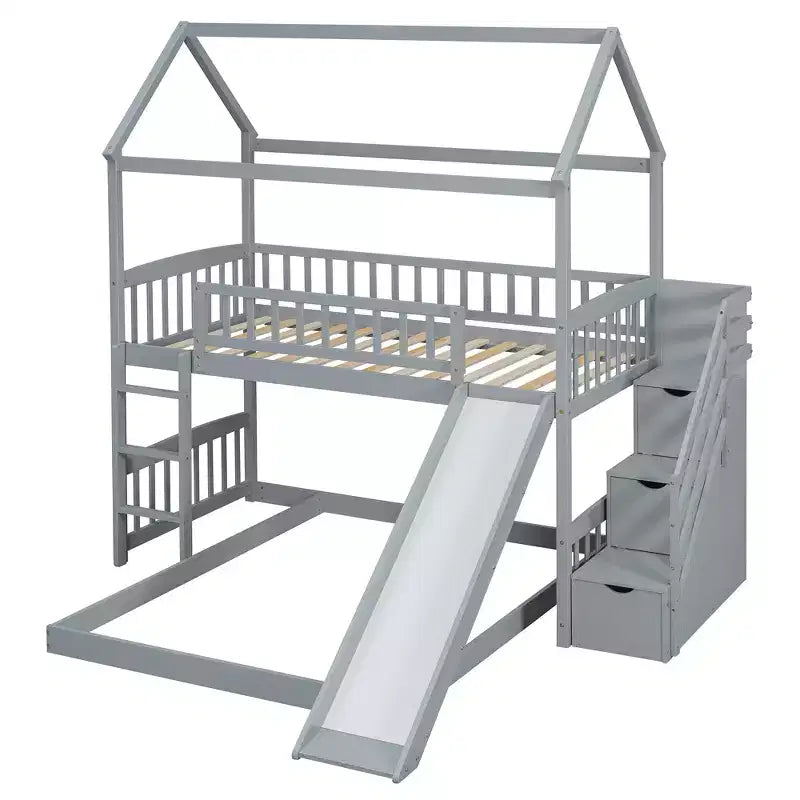 Twin over Full House Bunk Bed with Slide and Stairs for Kids Teens, Wood Bunk Bed Frame with Guard Rail & Storage