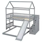 Lit superposé cabane double sur double avec toboggan et escalier pour enfants et adolescents, cadre de lit superposé en bois avec garde-corps et rangement