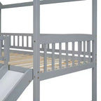 Lit superposé cabane double sur double avec toboggan et escalier pour enfants et adolescents, cadre de lit superposé en bois avec garde-corps et rangement