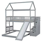 Lit superposé cabane double sur double avec toboggan et escalier pour enfants et adolescents, cadre de lit superposé en bois avec garde-corps et rangement