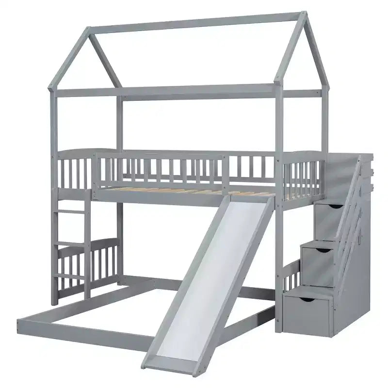 Twin over Full House Bunk Bed with Slide and Stairs for Kids Teens, Wood Bunk Bed Frame with Guard Rail & Storage