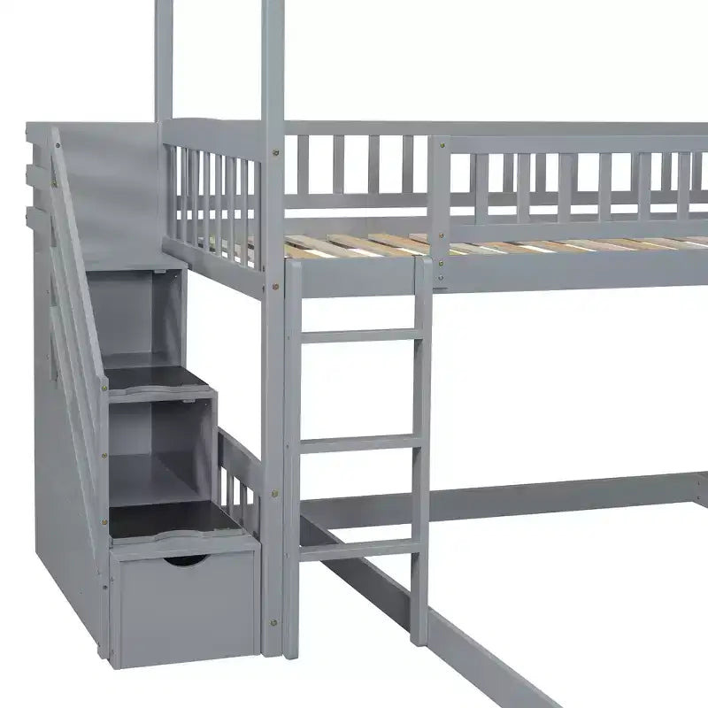 Twin over Full House Bunk Bed with Slide and Stairs for Kids Teens, Wood Bunk Bed Frame with Guard Rail & Storage