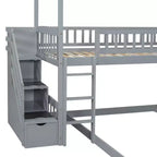 Lit superposé cabane double sur double avec toboggan et escalier pour enfants et adolescents, cadre de lit superposé en bois avec garde-corps et rangement
