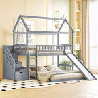 Twin over Full House Bunk Bed with Slide and Stairs for Kids Teens, Wood Bunk Bed Frame with Guard Rail & Storage