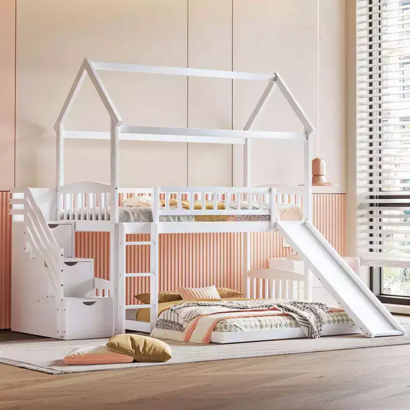 Twin over Full House Bunk Bed with Slide and Stairs for Kids Teens, Wood Bunk Bed Frame with Guard Rail & Storage