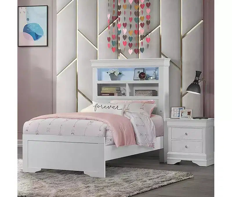 55.9 in.H Twin Size White Bookcase Bed with Metal Bed Frame