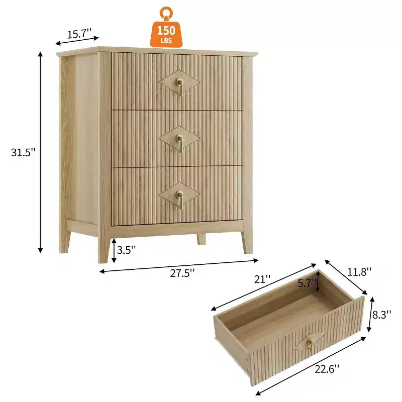 Wood Nightstand Fluted Dresser,3-Drawer Bedside Table - Modern Chest for Bedroom, Living Room, Hallway & Entryway Storage