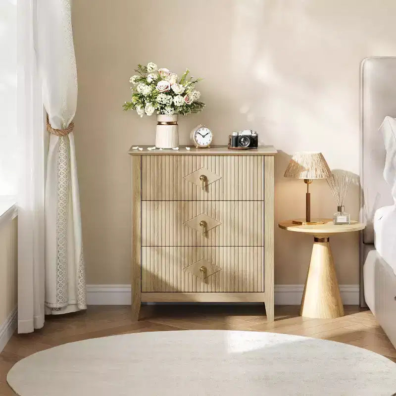 Wood Nightstand Fluted Dresser,3-Drawer Bedside Table - Modern Chest for Bedroom, Living Room, Hallway & Entryway Storage