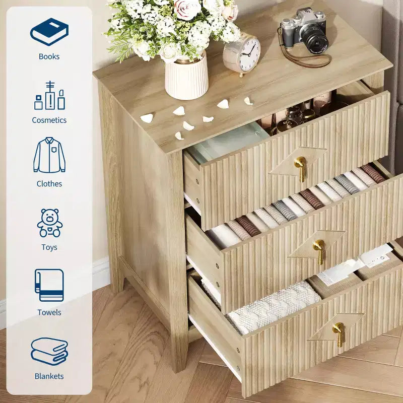 Wood Nightstand Fluted Dresser,3-Drawer Bedside Table - Modern Chest for Bedroom, Living Room, Hallway & Entryway Storage