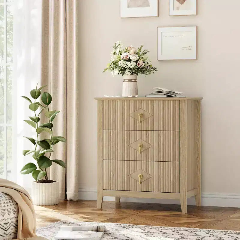Wood Nightstand Fluted Dresser,3-Drawer Bedside Table - Modern Chest for Bedroom, Living Room, Hallway & Entryway Storage