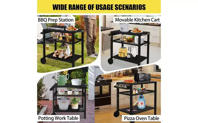 3-Shelf Outdoor Grill Cart Movable BBQ Trolley with Two Wheels and Hooks