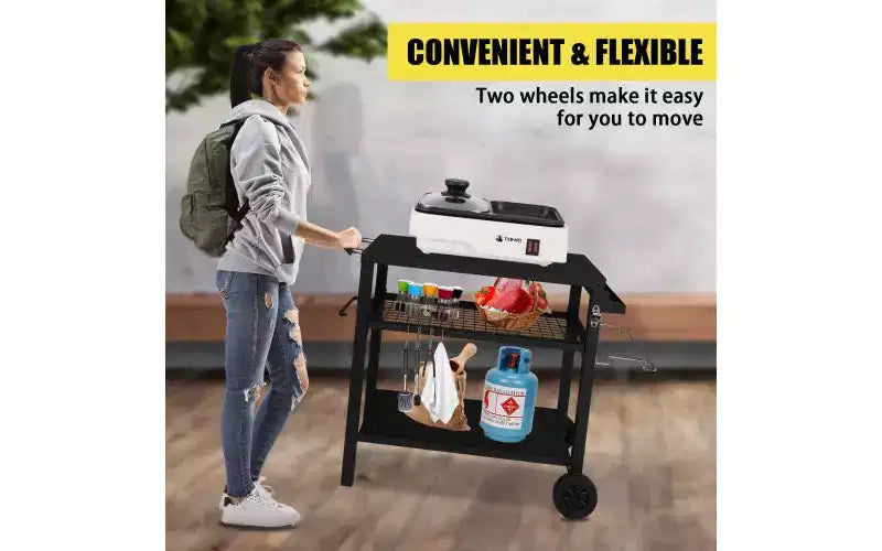 3-Shelf Outdoor Grill Cart Movable BBQ Trolley with Two Wheels and Hooks
