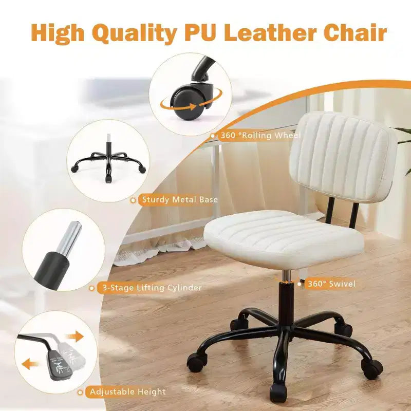 PU Leather Swivel Criss Cross Chair on Wheels, Armless Office Chair with Adjustable Height and Lumbar Support, Gaming Chair for Office