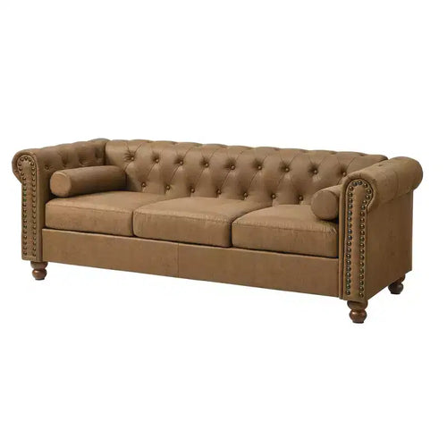 Chesterfield 3-Seat Sofa, Tufted Fabric, Sturdy Wood Frame, Square Arms, S-Spring, High-Resilience Sponge, for Living Room or Apartment, Brown