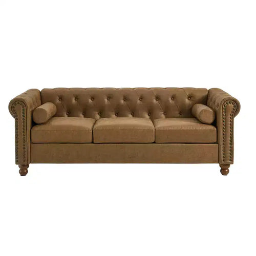 Canapé Chesterfield 3 places, Tissu capitonné, Structure en bois robuste, Accoudoirs carrés, Ressorts en S, Éponge haute résilience, pour Salon ou Appartement, Marron