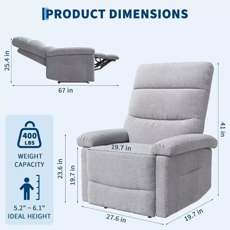Recliner Chair for Adults, Manual Fabric Recliner with Side Pocket, Adjustable Single Sofa with Ergonomic Back Support for Living Room, Bedroom
