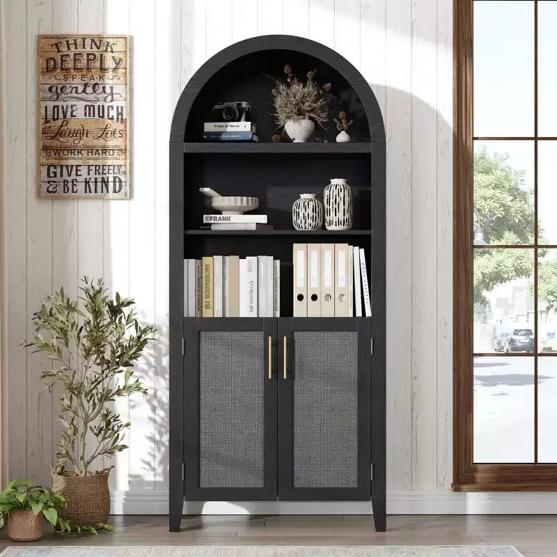 Arched Bookcase with Doors - 5 Tier Open Display Shelf with Rattan Decor, Modern Bookshelf Storage Cabinet for Home Office Living Room Library