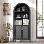 Bibliothèque arquée avec portes - Étagère de présentation ouverte à 5 niveaux avec décor en rotin, Armoire de rangement moderne pour bureau, salon, bibliothèque